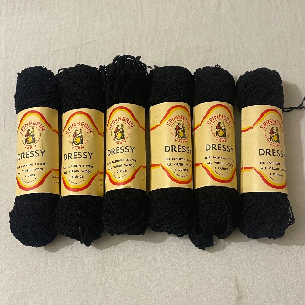 Spinnerin Dressy Yarn Black 100% Virgin Wool 7 Skeins Dye Lot 4692 750 Yards USA